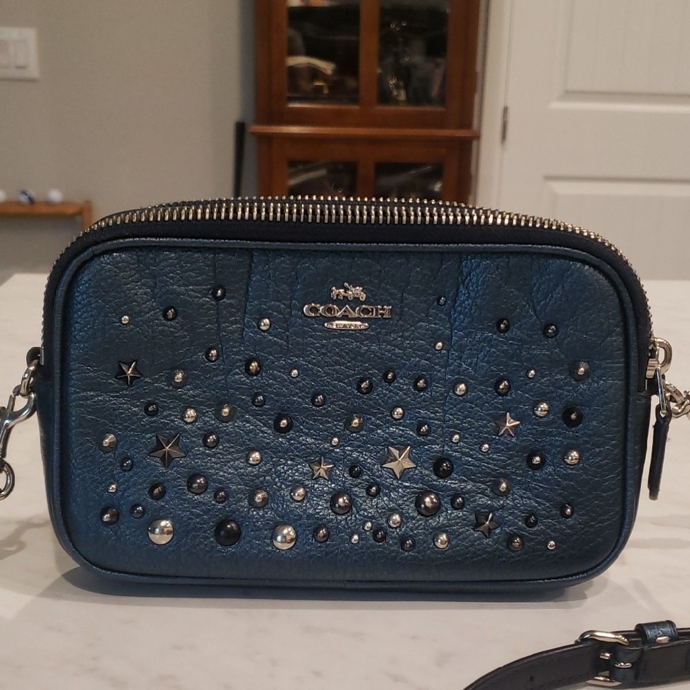 Coach Midnight Blue Leather Studded Double Zip Crossbody Bag Size Small